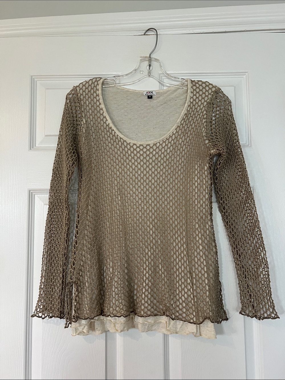 Jude Taupe Open-Knit Scoop-Neck Layered Top with Cream Underlay